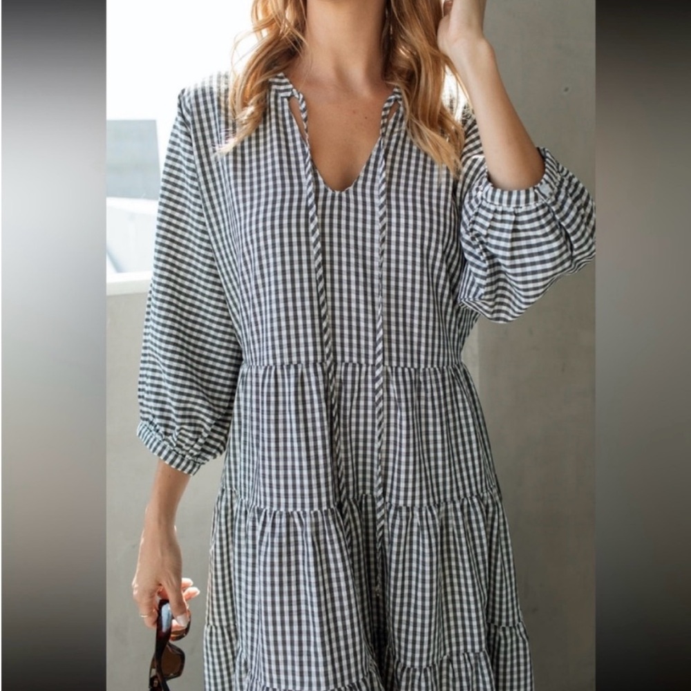 Carly Jean Los Angeles Plaid Gingham Maxi Dress Black and White